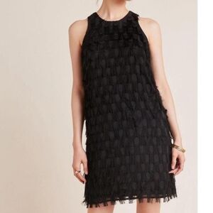 Anthropologie Black Tassel Shift Mini Dress with High Neck